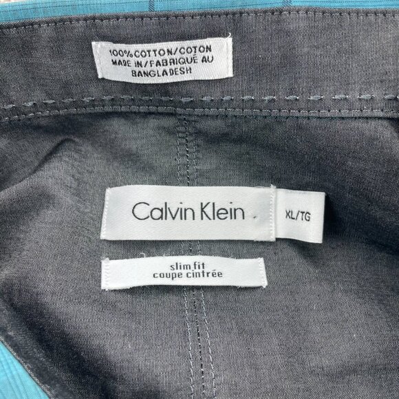 Calvin Klein Button Up Shirt Men XL Teal Blue Plaid Slim Fit Polo Long Sleeve - Picture 4 of 8